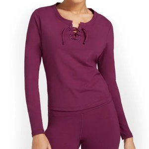 NWT NY & Co Lace Up Not Just for Yoga Top in Plum, sz Small stretchy